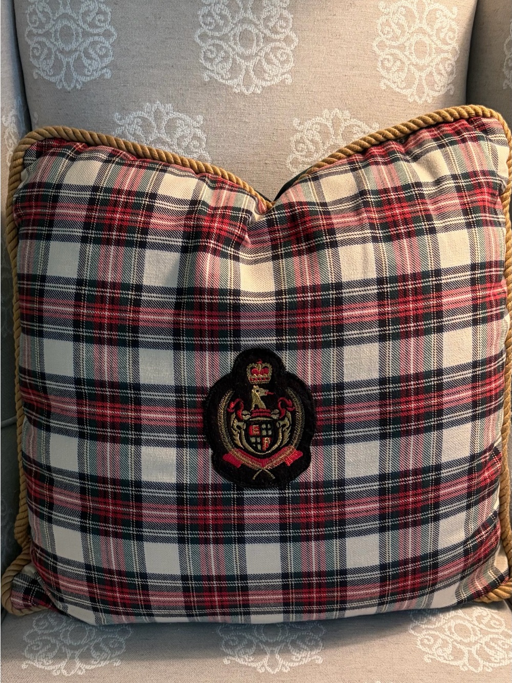“Dress Stewart” plaid Ethan Allen pillow with a Stewart Clan Crest. 19” sq.